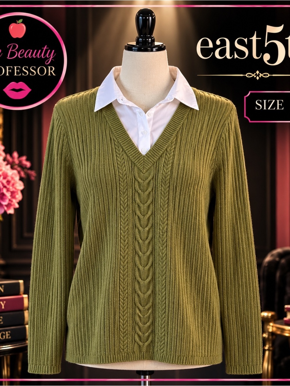 💕East 5th Olive Green V-Neck Cable Rib Sweater